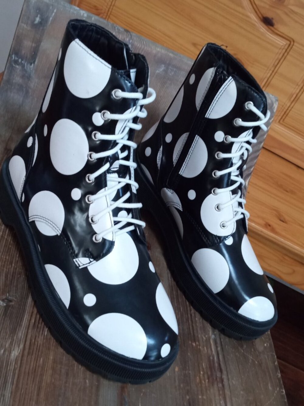 Allegra K Women's Size 7 Polka Dots Platform Zipper Lace Up Combat Disco Boots